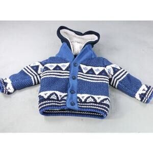 Catimini Baby/Toddler Hooded Knit Jacket Sherpa Lined Size 2 Blue/White Pattern